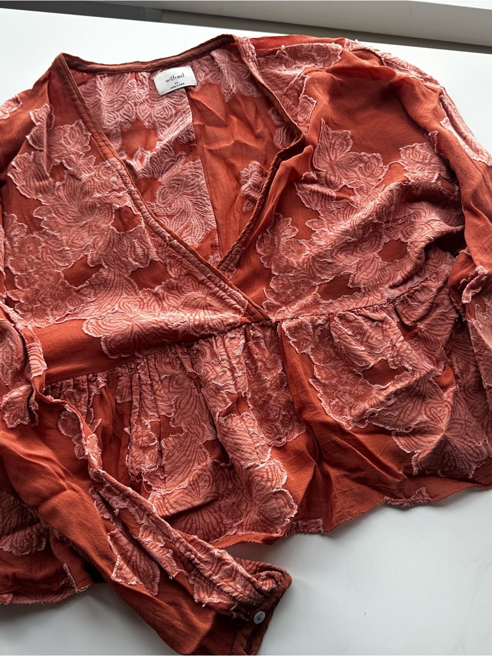 Wilfred Floral Burnout Wrap Blouse in Rust and Blush